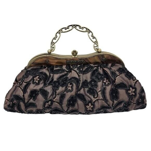 Unbranded Handbags - Vintage Embroidered Large Clutch with Chain Black Lt Brown Purse Floral